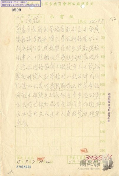图为第一次棋盘岭伏击战电报原文(原件保存在台北“国史馆”)
